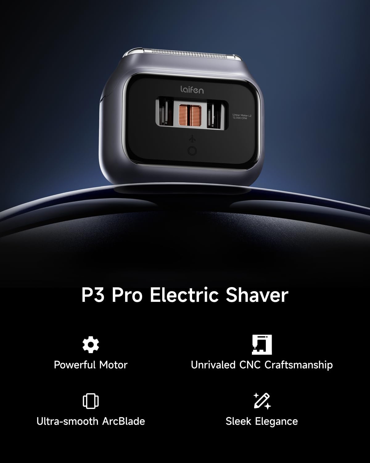 Laifen P3 Pro 3-Blade Electric Shaver, Dual Linear High-Speed Motors 12,000 Cuts/Min, 100-Min Runtime, IPX7 Waterproof, Rechargeable Electric Razor for Men, Travel-Friendly (Space Gray Aluminum Alloy)
