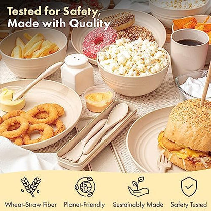 FOODLE Wheat Straw Dinnerware Set - Picnic, Camping Plates Cups and Bowls