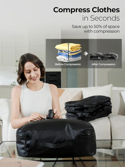 Vacuum Bags for Travel with Wireless Pump, 180° Open Zipper, IP67 Waterproof, Reusable Space Saver Compression Bags for Backpack, Suitcase, Home Storage(1 Pack + Pump)