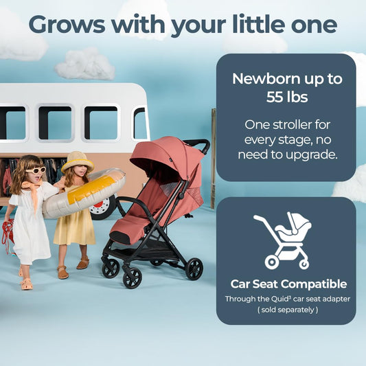 Inglesina Quid³ Stroller, Aurora Pink - Compact Reclining Travel Stroller for Baby & Toddler 0-55 lbs, One Hand fold, Airplane Overhead, Lightweight, Foldable, XL UPF 50+ Canopy