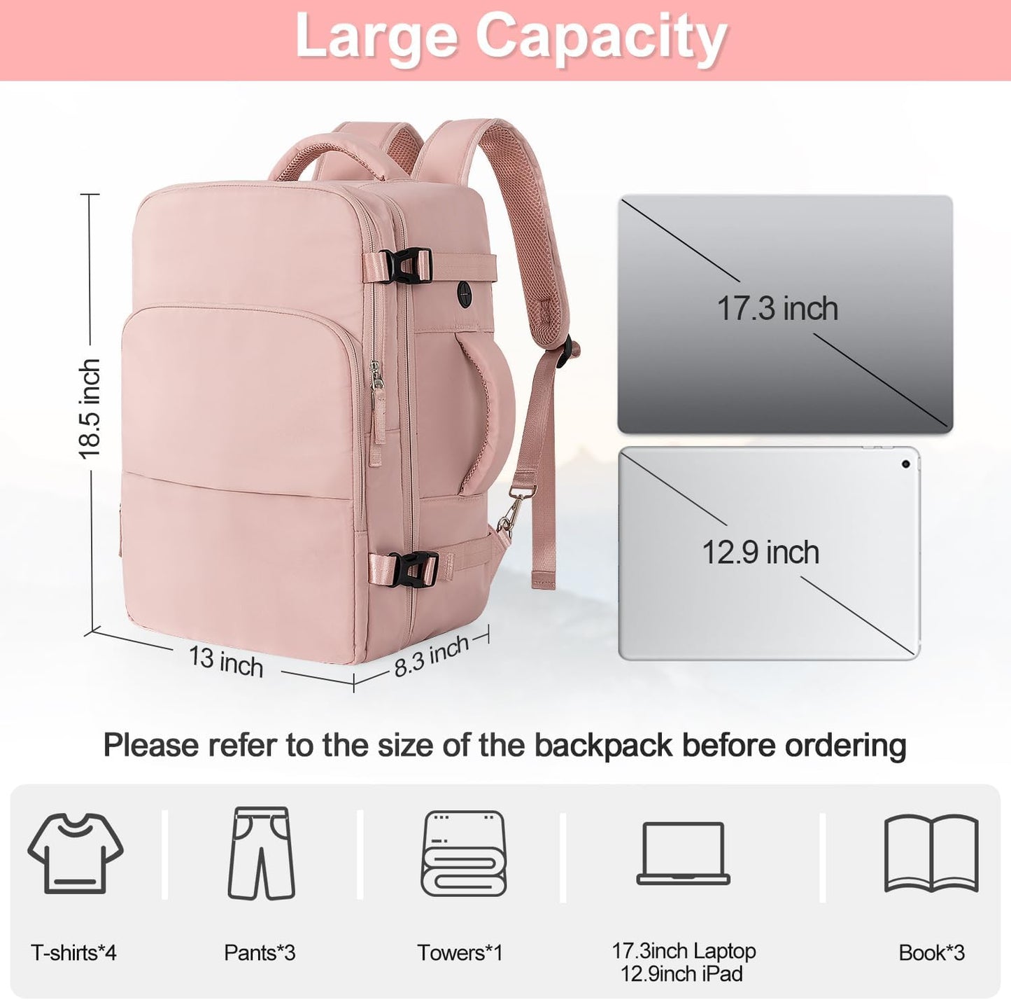 Travel Backpack, Carry on Flight approved Travel Bag with Multi-Pockets, Waterproof 17.3inch Laptop Backpack for Men Women, Pink