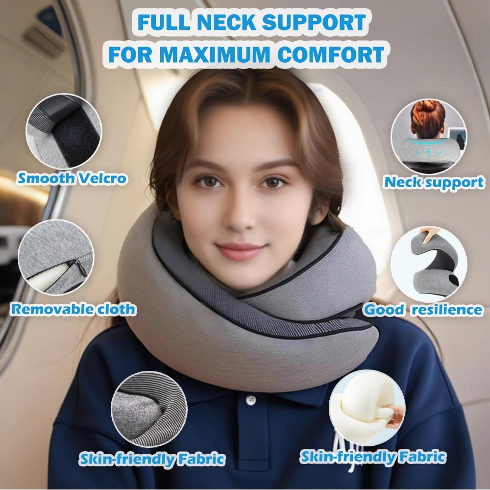 Travel Neck Pillow for Airplane, Memory Foam Travel Neck Pillow, Adults turtle neck pillow Ergonomic Support for Airplane Car Home Office Sleep, Packable Compact Portable Adults Turtle Pillows (Grey)