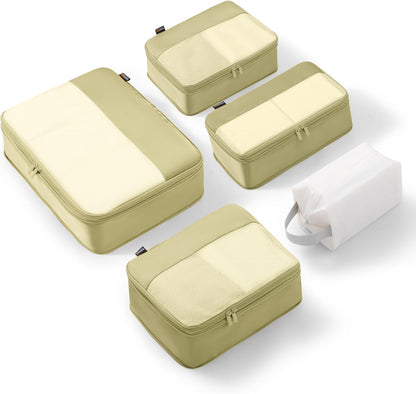 5 Set Compression Packing Cubes for Travel, Space Saving Luggage Organizer Bags (Bright Yellow)