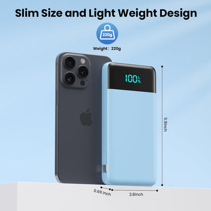 Portable Charger for iPhone with Built in Cables and Wall Plug,Upgraded 13800mAh Fast Charging USB C Power Bank,4 Outputs Travel Essential Battery Pack Compatible with iPhone 15/14/13/12,-Light Blue
