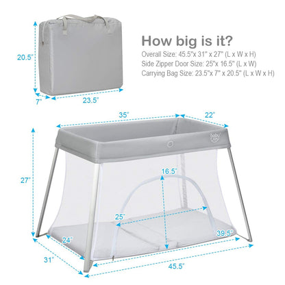 BABY JOY 2 in 1 Travel Crib with Side Zipper, Portable Baby Playard with Soft Washable Mattress, Installation-Free Home Playard with Carry Bag for Airplane, Lightweight Playpen for Infants &Toddlers