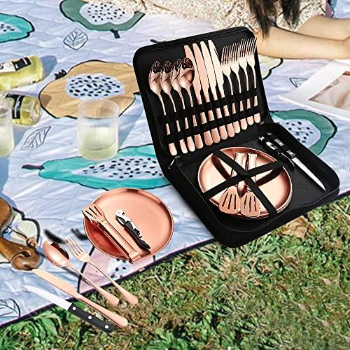 Picnic Tableware Set Camping Dinnerware Copper/Rose Gold Silverware and Plates Kit for 4 Portable Utensils Stainless Steel Dishes Spoons Forks Knives Bottle Opener Food Tongs