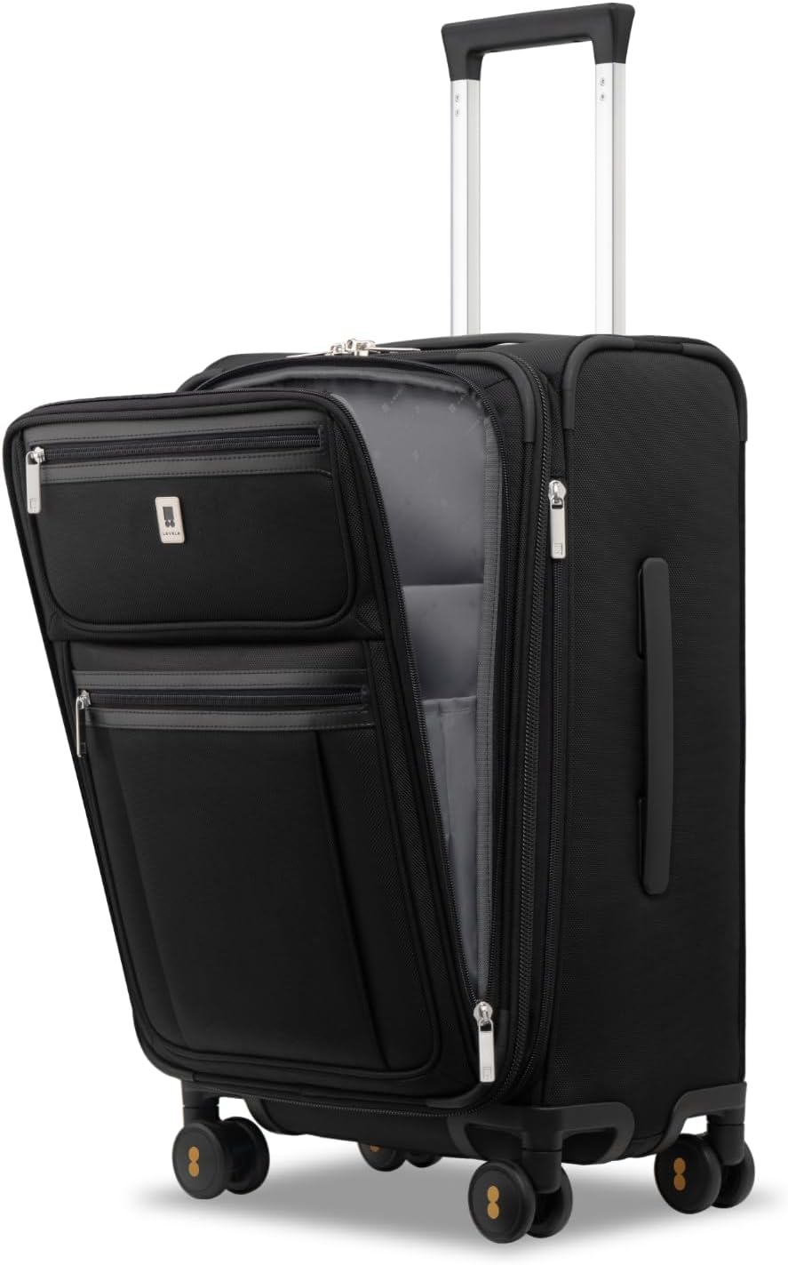 LEVEL8 Carry On Luggage Airline Approved with Compartment, Softside Expandable Rolling Suitcase with Spinner Wheels, Black, Carry-On 20-Inch