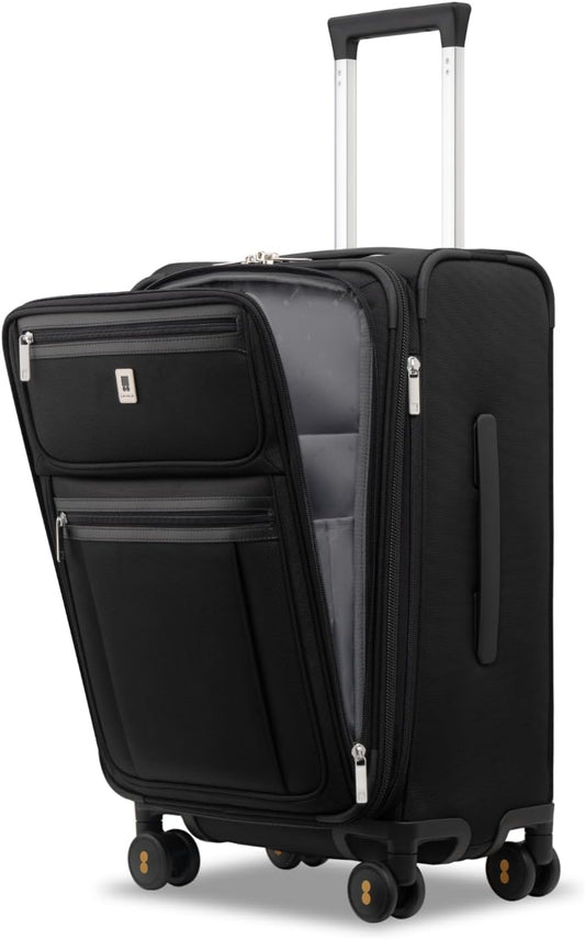 LEVEL8 Carry On Luggage Airline Approved with Compartment, Softside Expandable Rolling Suitcase with Spinner Wheels, Black, Carry-On 20-Inch
