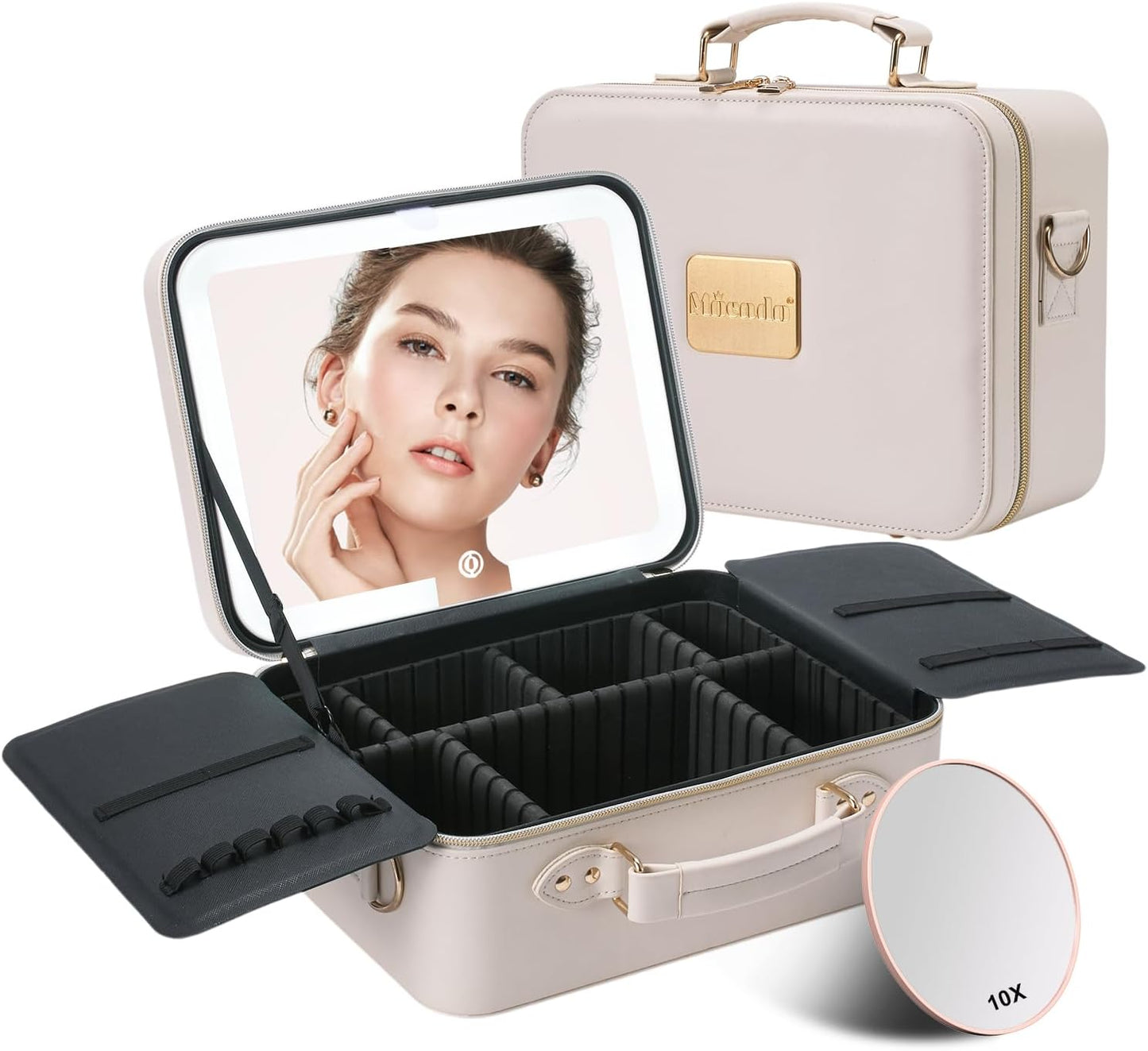 Mocado Travel Makeup Bag with LED Lighted Mirror,Makeup Case with 3 Color Lighted Setting and 10x Magnifying Mirror, Portable Storage and Adjustable Dividers (White with Hard Leather)
