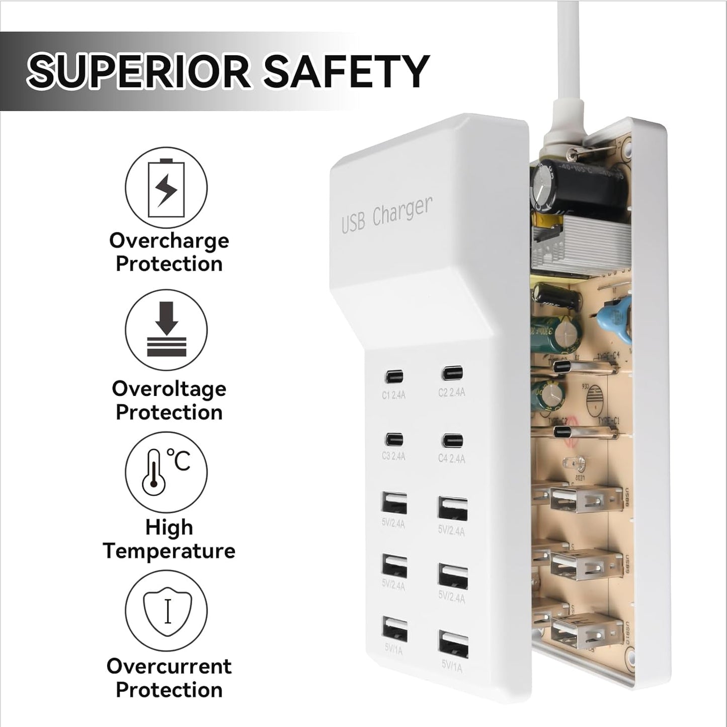 USB Charging Station, 10 Ports Family-Sized USB C Charger Block,USB Power Strip for Smart Phone Tablet Laptop Computer (1 Pcs)