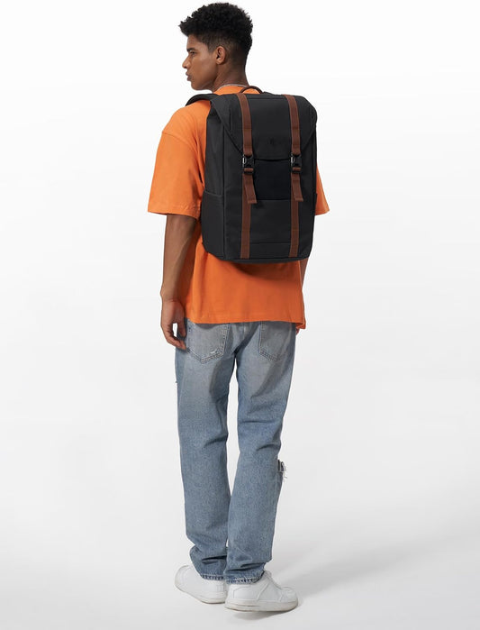 tomtoc Flap Laptop Backpack, Lightweight, Water-Resistant Casual Daypack, Durable Work-pack, Vintage Classic Rucksack for 13-15.6 Inch Laptop, perfect for Campus, Street, 22L Black