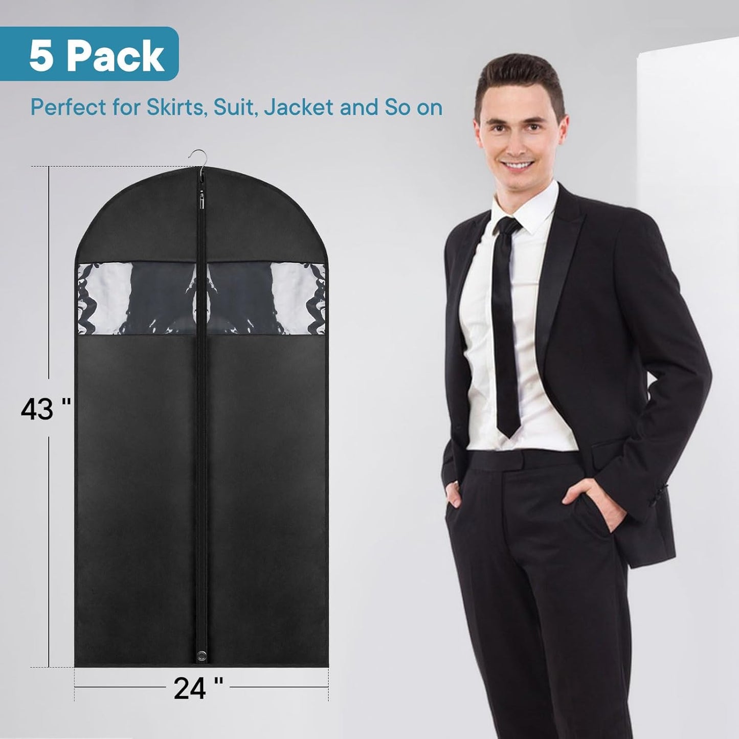 43" Suit Bags for Closet Storage and Travel, Garment Bags for Hanging Clothes, Suit Garment Bag for Men, Black Suit Cover Bags with Clear Window for Coats, Jackets, Shirts（5 Packs）