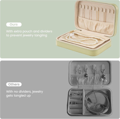 Lolalet Travel Jewelry Case for Women, Travel Jewelry Organizer Box with Mirror & Clear Storage Bag, Small Portable Traveling Earring Necklace Bracelet Ring Case, Bridesmaid Gifts -Medium, Green