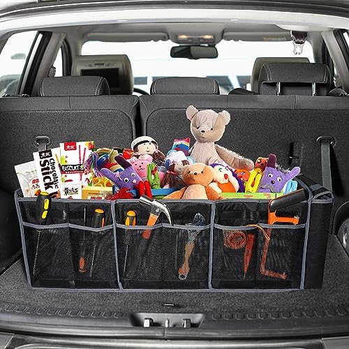 Car Trunk Organizer with Lid,Collapsible Car Storage Organizer with Multi Compartments and Securing Straps for SUV,Sedan,Jeep-Black & Grey