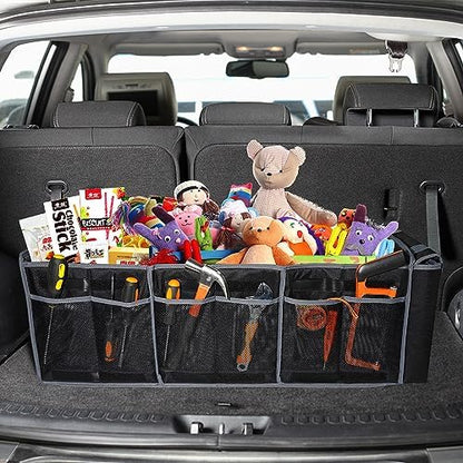Car Trunk Organizer with Lid,Collapsible Car Storage Organizer with Multi Compartments and Securing Straps for SUV,Sedan,Jeep-Black & Grey