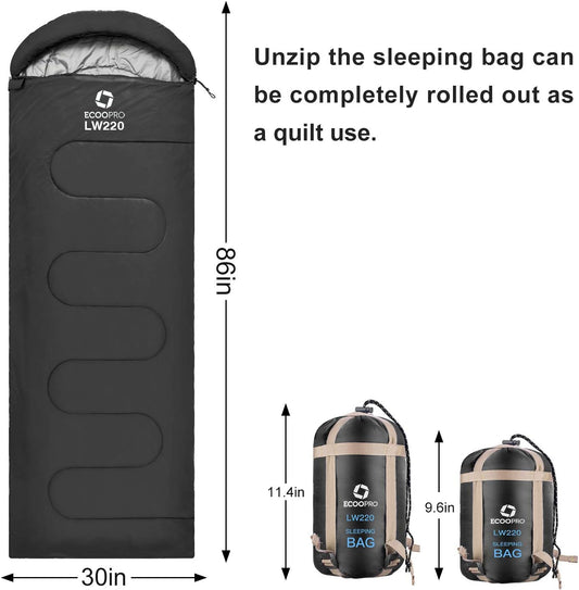 ECOOPRO Warm Weather Sleeping Bag - Portable, Waterproof, Compact Lightweight, Comfort with Compression Sack - Great for Outdoor Camping, Backpacking & Hiking-83 L x 30" W Fits Adults