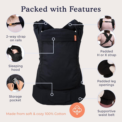 Beco Baby Carrier Toddler Carrier with Extra Wide Seat - 100% Cotton Carrying Backpack Style & Front-Carry,Lightweight & Breathable Child Carrier, Toddler Sling Carrier 20-60 lbs (Metro Black)