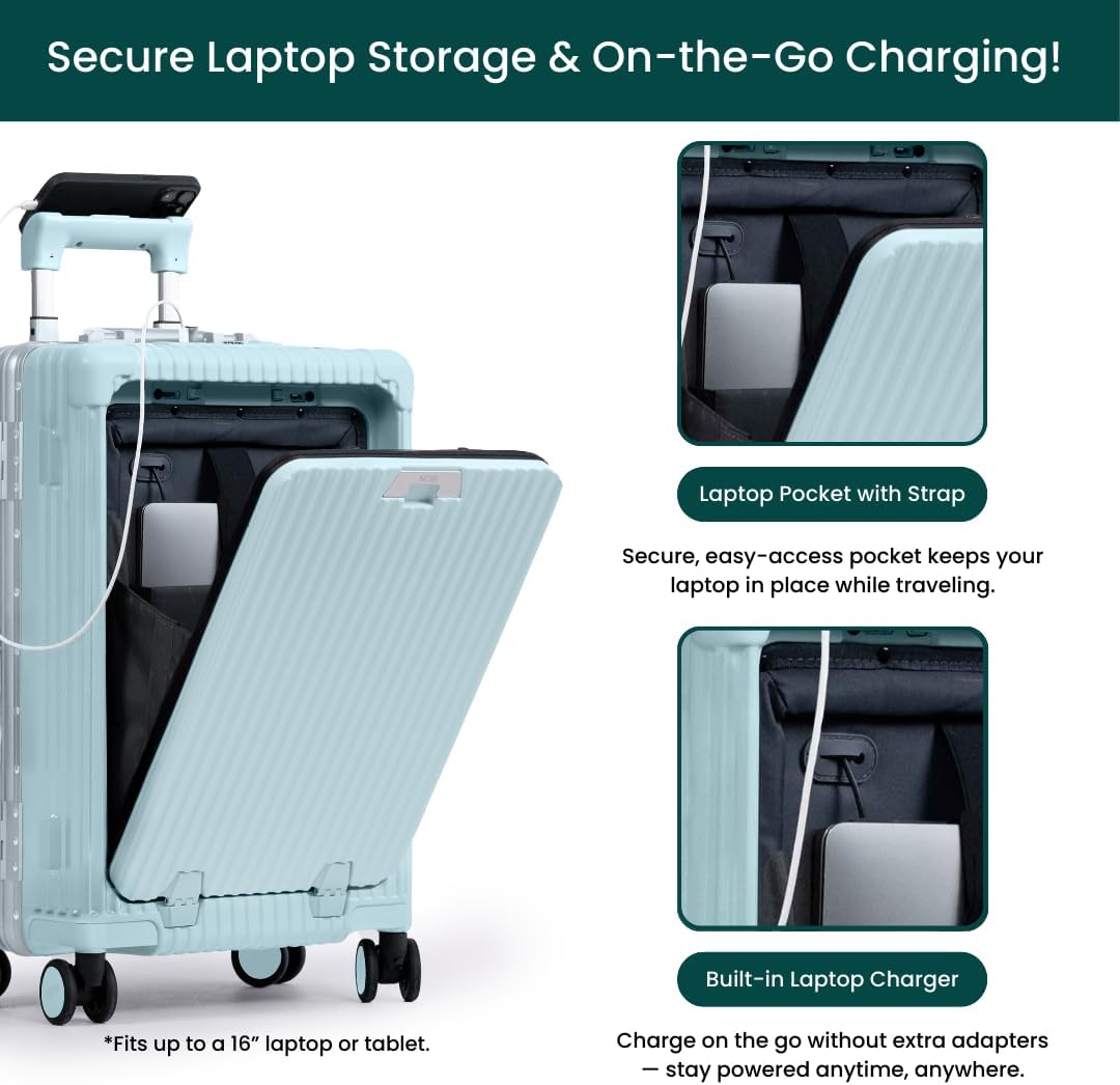 Nobl Travel Carry On Luggage, Noble Zipperless Aluminum Frame PC Hard Shell Suitcase, 22.5x15x9.5 Airline Approved, 360° Spinner Wheels, TSA Locks, USB Charging Port, Cup & Phone Holder - Baby Blue