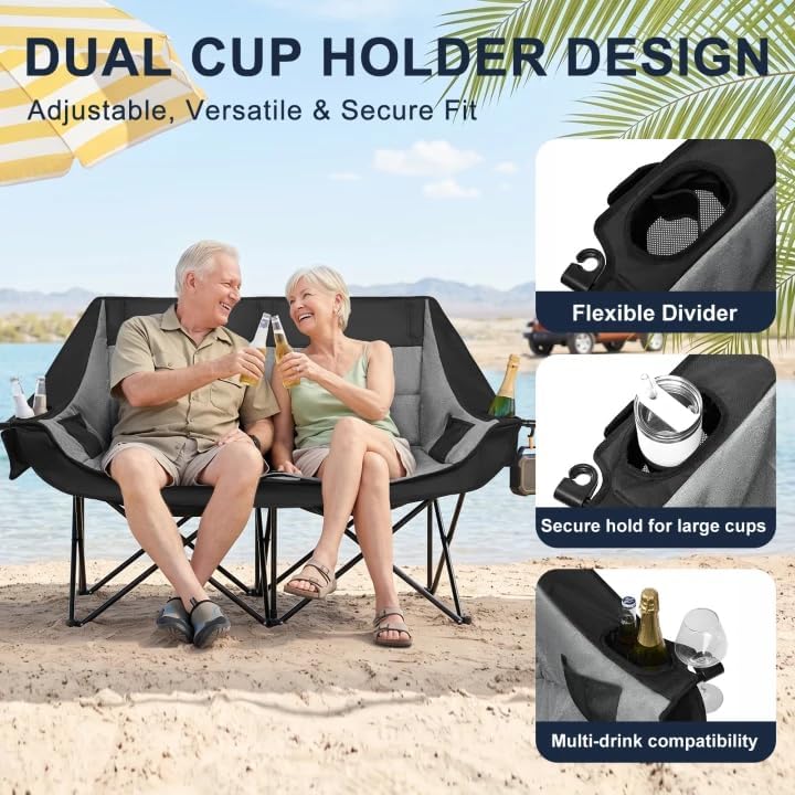 Double Camping Chair 2 Person Loveseat, 800LBS Heavy Duty Chair, Grey