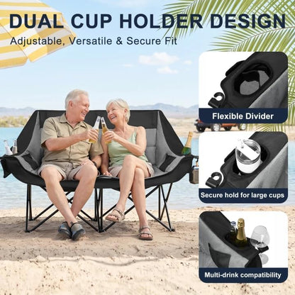 Double Camping Chair 2 Person Loveseat, 800LBS Heavy Duty Chair, Grey