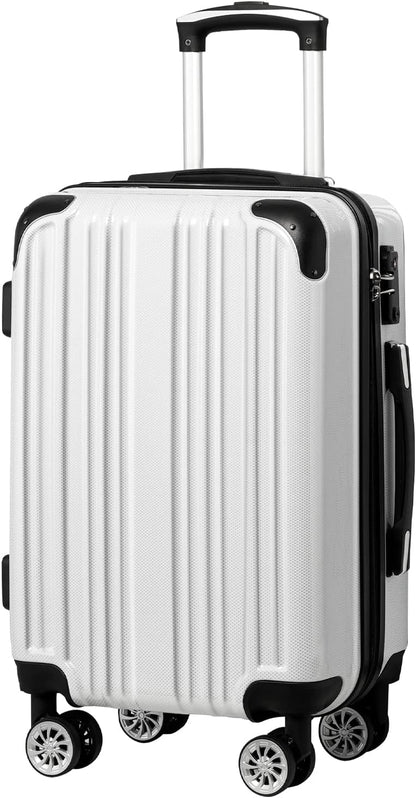 Coolife Luggage Expandable(only 28") Suitcase PC+ABS Spinner 20in 24in 28in Carry on (white grid new, L(28in))