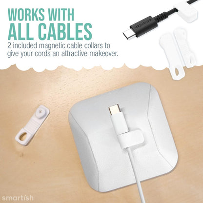 Smartish® Magnetic Cord Holder - Cable Wrangler Organizer with Magnet Clips for Charger Management on Desktop, Nightstand, or Side Table for All Cables, USB-C, Lightning Cables - Snow Day White