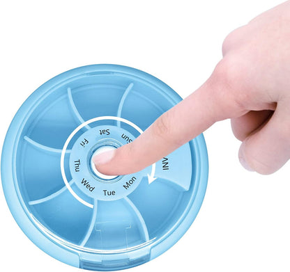 INVODA Weekly Pill Organizer 7 Compartment Rotating Pill Box for Daily Medication & Vitamins - Portable Travel Pill Case Fish Oil Supplements Vitamins Organizer (Sky Blue)