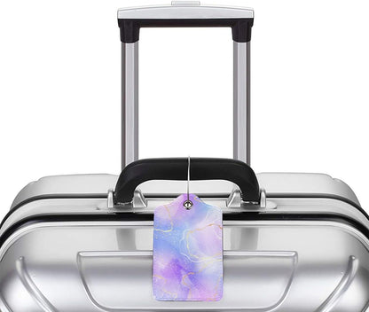 2Pcs Light Purple Blue Leather Luggage Tags with Golden and White Lines for Women Girls Travel, Pretty Abstract Lavender Violet Watercolor Marble Name ID Identifier Labels for Suitcase Baggage Bag