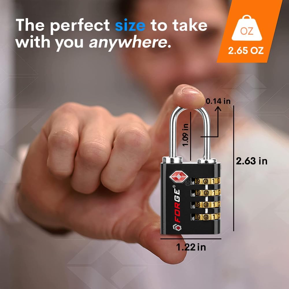 Forge Dual-Opening: Key or Combination Access Lock, TSA Approved Locks for Luggage, Pelican case, Travel, Gym, School, Stainless Steel Shackle. (Black 2 Pk)