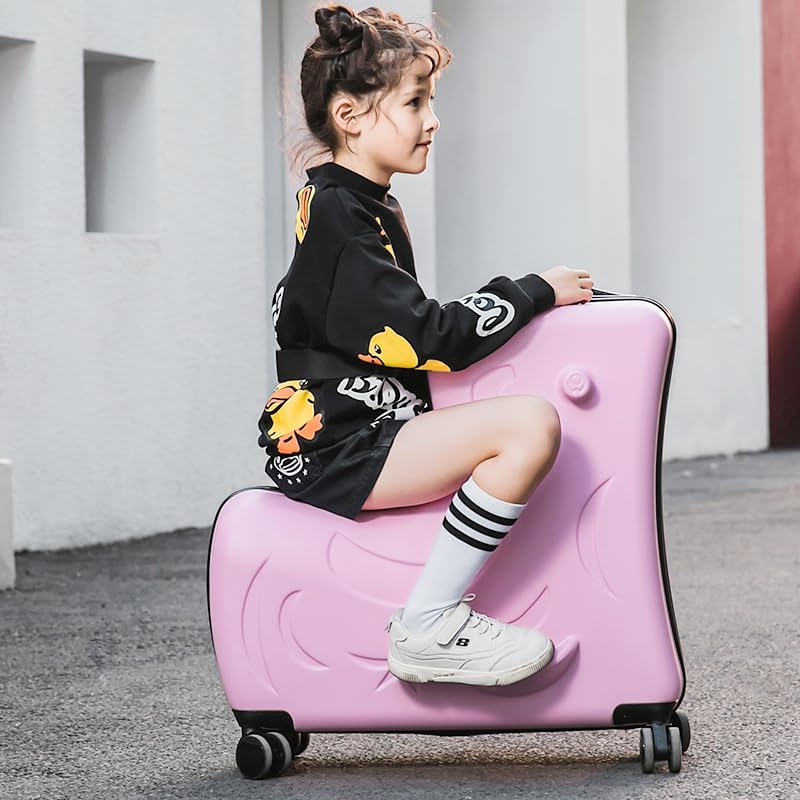 Hardside Ride on Kids Luggage with 4 Spinner Wheels for Girls and Boys,Rolling Childrens Travel Suitcase with Seat and Safety Belt for Toddler Ages 2-6,Verify Carry-on policy 21 Inch Pink