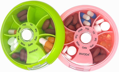 INVODA Weekly Pill Organizer 7 Compartment Rotating Pill Box for Daily Medication & Vitamins - Portable Travel Pill Case Fish Oil Supplements Vitamins Organizer (Pink+Green)