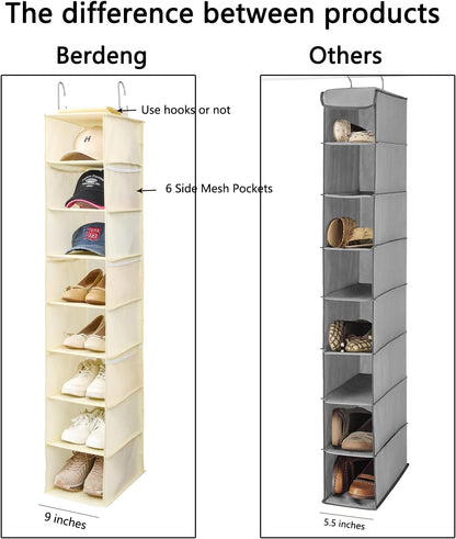 Hanging Shoe Organizer for Closet with Side Mesh Pockets，Hat Racks for Baseball Caps，Shoe and Hat Holder & Storage，8-Shelf，Beige，1 Pack