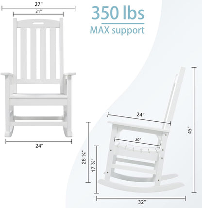 Psilvam Oversized Outdoor Rocking Chair Set of 2, Porch Rocker with 21" Wide Seat and 32" Tall Backrest, Pre-Assembled with Most Components for Effortless Installation (White)