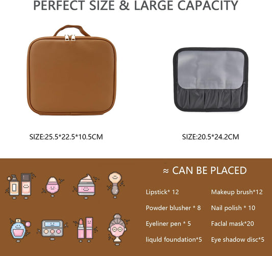 Makeup Bag with Led Mirror,Travel Makeup Organizer with 3 Color Setting, Portable Storage and Adjustable Dividers Travel Makeup Bag(brown)