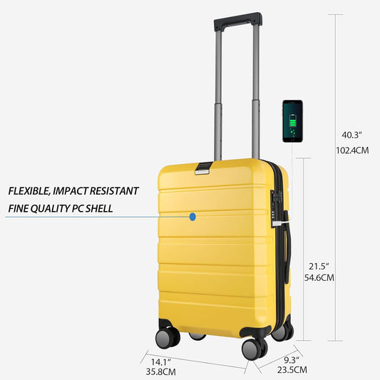 KROSER Hardside Expandable Carry On Luggage with Spinner Wheels & Built-in TSA Lock, Durable Suitcase Rolling Luggage with USB Port, Carry-On 20-Inch Yellow