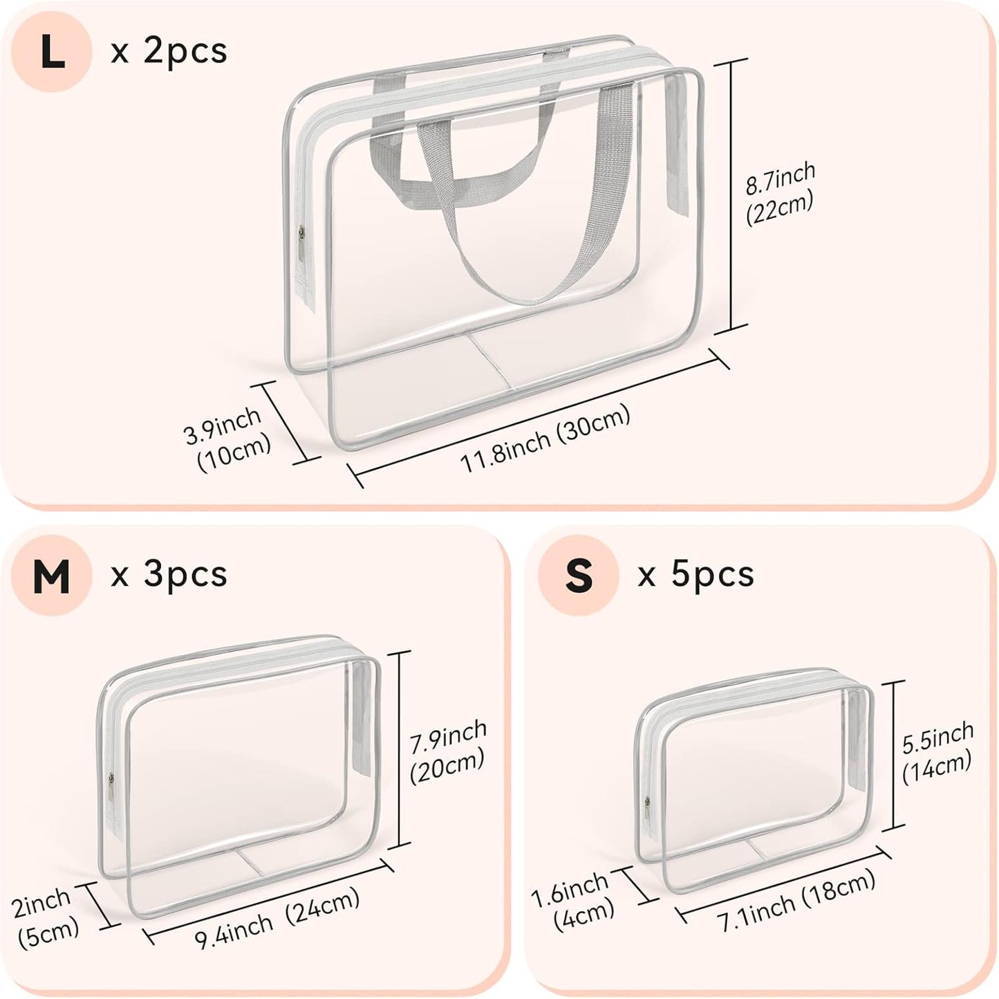 TISRATOK 10 PCS Clear Travel Makeup Toiletry Bag, Plastic PVC Cosmetic TSA Approved Organizer Kit with Zipper Handbag（Grey）