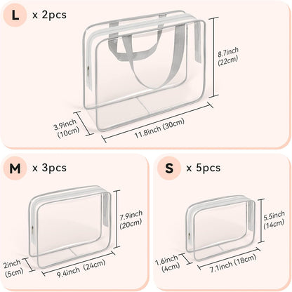 TISRATOK 10 PCS Clear Travel Makeup Toiletry Bag, Plastic PVC Cosmetic TSA Approved Organizer Kit with Zipper Handbag（Grey）