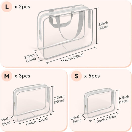 TISRATOK 10 PCS Clear Travel Makeup Toiletry Bag, Plastic PVC Cosmetic TSA Approved Organizer Kit with Zipper Handbag（Grey）