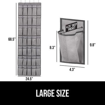 GORILLA GRIP Over the Door Shoe Organizer, 35 Large Breathable Mesh Pockets, Space Saving Hanging Storage Holder, 5 Hook Closet Rack Hanger, Hangs on Closets for Shoes, Accessories 68.5H x 24.5W Gray