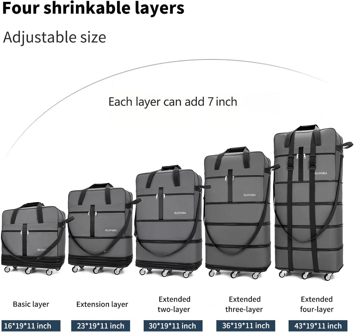 Expandable Foldable Luggage, 42'' Suitcase With Spinner Wheels, Rolling Duffle Bag with Wheels and Handle, Collapsible Luggage, With 2 Handle Wrap and 2 Fixing Straps, 1 Shoulder Strap (Grey)