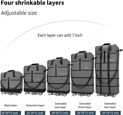 Expandable Foldable Luggage, 42'' Suitcase With Spinner Wheels, Rolling Duffle Bag with Wheels and Handle, Collapsible Luggage, With 2 Handle Wrap and 2 Fixing Straps, 1 Shoulder Strap (Grey)