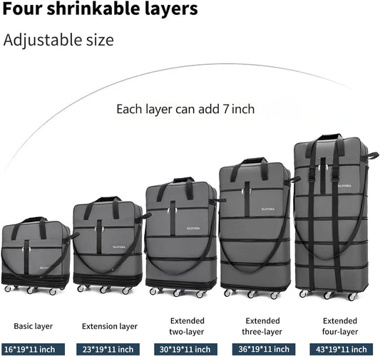 Expandable Foldable Luggage, 42'' Suitcase With Spinner Wheels, Rolling Duffle Bag with Wheels and Handle, Collapsible Luggage, With 2 Handle Wrap and 2 Fixing Straps, 1 Shoulder Strap (Grey)