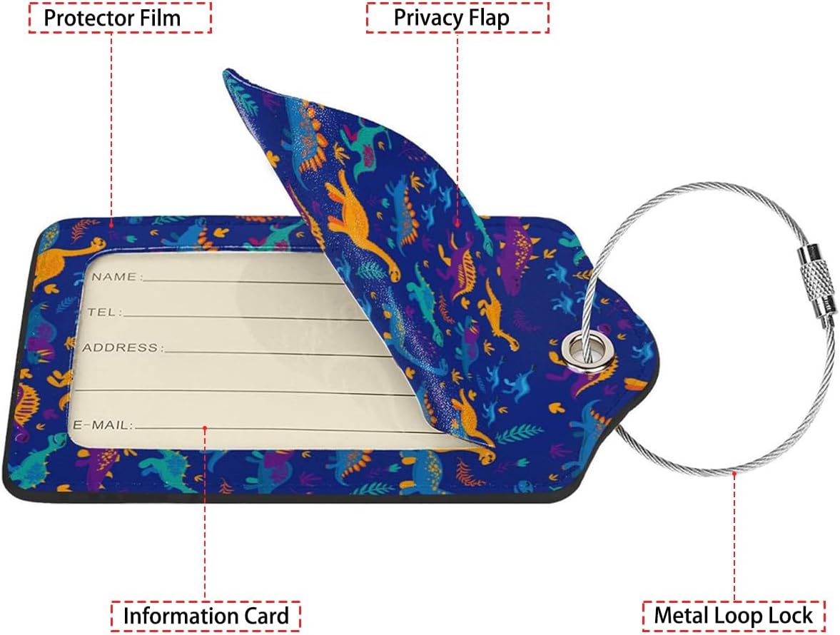 Funny Dinosaurs and Trees 2 Pack Luggage Tag for Suitcase, Leather Bag Tags Identifiers Privacy Cover ID Label with Steel Loop for Women Men Kids Girls Travel