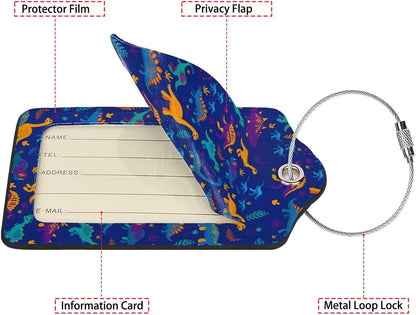 Funny Dinosaurs and Trees 2 Pack Luggage Tag for Suitcase, Leather Bag Tags Identifiers Privacy Cover ID Label with Steel Loop for Women Men Kids Girls Travel