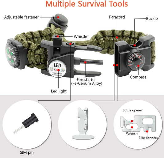 20 in 1 Survival Paracord Bracelet Adjustable Gear Kit with SOS LED Light, Fire Starter, Bigger Compass, Survival Whistle, Perfect for Camping, Hiking, Fishing