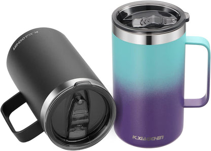 KXIAOCHEN 20oz Insulated Coffee Mug with Lid, Stainless Steel Coffee Cup, Double Wall Vacuum Coffee Tumbler with Handle, Premium Thermal Travel Coffee Mug (Black Purple 2Pack)
