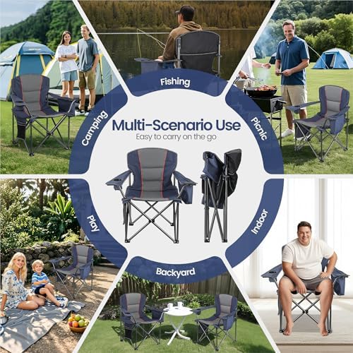 WEIDIORME 2 Pack Heavy Duty Oversized Camping Chair for Adults 400lbs w/Lumbar Support - Folding Chairs with Side Pocket, Cup Holder & Cooler Bag for Beach, Fishing, Lawn, Backyard Navy Blue