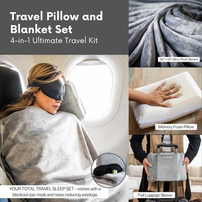 Travel Pillow and Blanket Set - 4-in-1 Ultimate Travel Kit with Memory Foam Pillow, Travel Blanket, Sleep Mask, and Earplugs-Ultimate Comfort and Coziness for Your Journeys - Grey