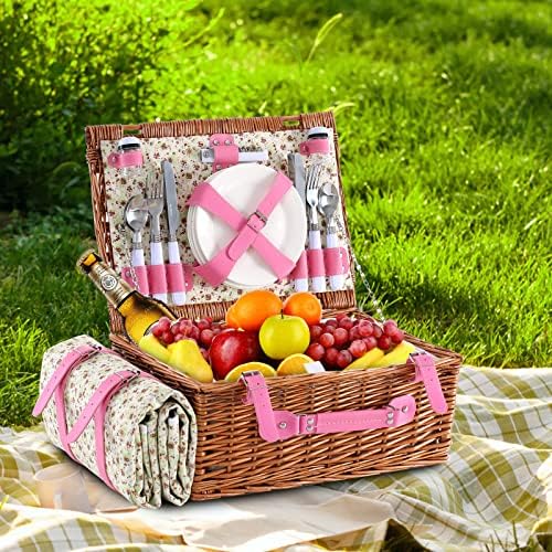 Wicker Picnic Basket for 4 with Waterproof Picnic Blanket Pink