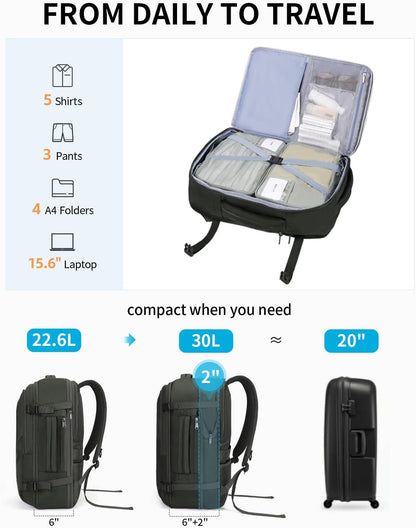 ECOHUB 30L Carry on Travel Backpack for Men Women 18x14x8, 17 inch Expandable Airlines Personal Item Bag Water Resistant Laptop Backpack Flight Approved with USB Slot & Wet Pocket, Green